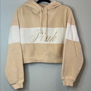 PINK‎ Women's Victoria's Secret Tan White Cropped Sweatshirt Soft Hoodie Medium